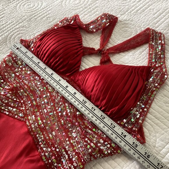 Jovani Red Sequin Embellished Satin 100% Silk Maxi Dress Gown Size 4 - Picture 11 of 16
